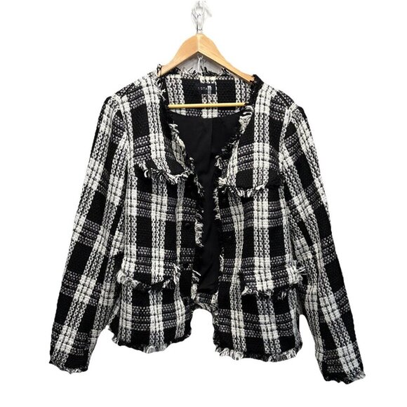 1.STATE Womens Jacket Blazer Coat SZ XXL Black White Tweed Plaid Cropped Fringe - Picture 2 of 8
